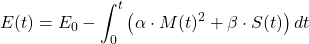 \[E(t) = E_0 - \int_{0}^{t} \left( \alpha \cdot M(t)^2 + \beta \cdot S(t) \right) dt\]