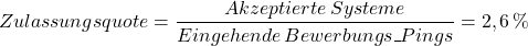 \[Zulassungsquote = \frac{Akzeptierte\,Systeme}{Eingehende\,Bewerbungs\_Pings} = 2,6\,\%\]
