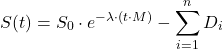 \[S(t) = S_0 \cdot e^{-\lambda \cdot (t \cdot M)} - \sum_{i=1}^{n} D_i\]